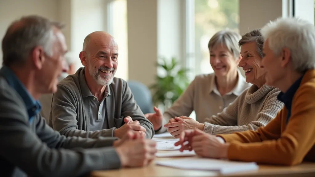 Group of active senior adults in discussion at a community center