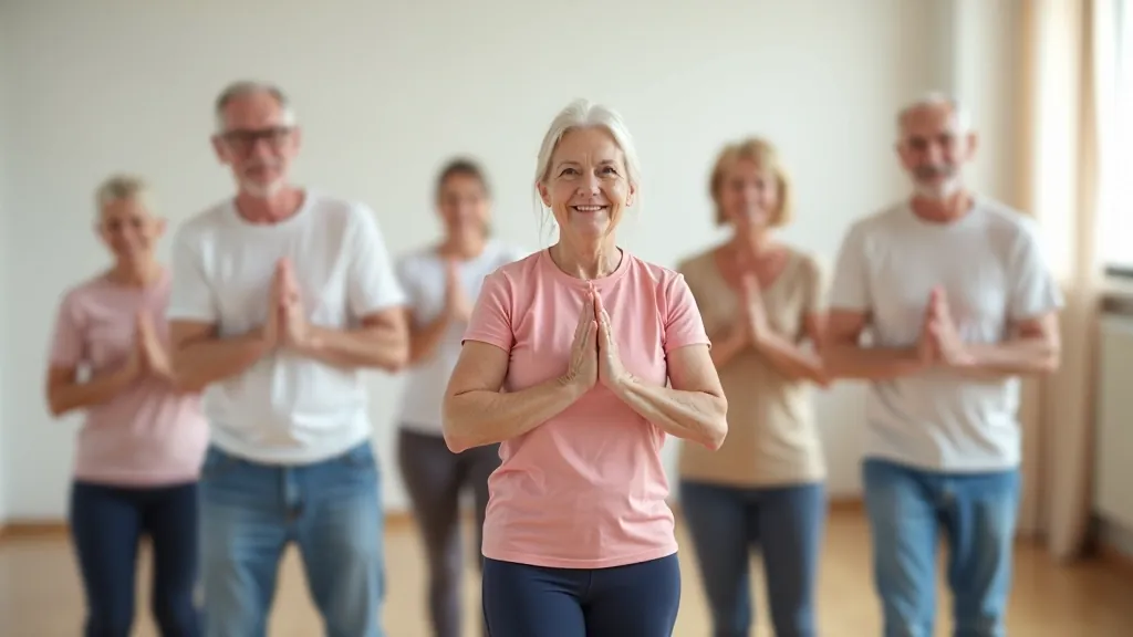 Group of senior adults in exercise class doing light movements, bright studio, smiling faces, diverse group