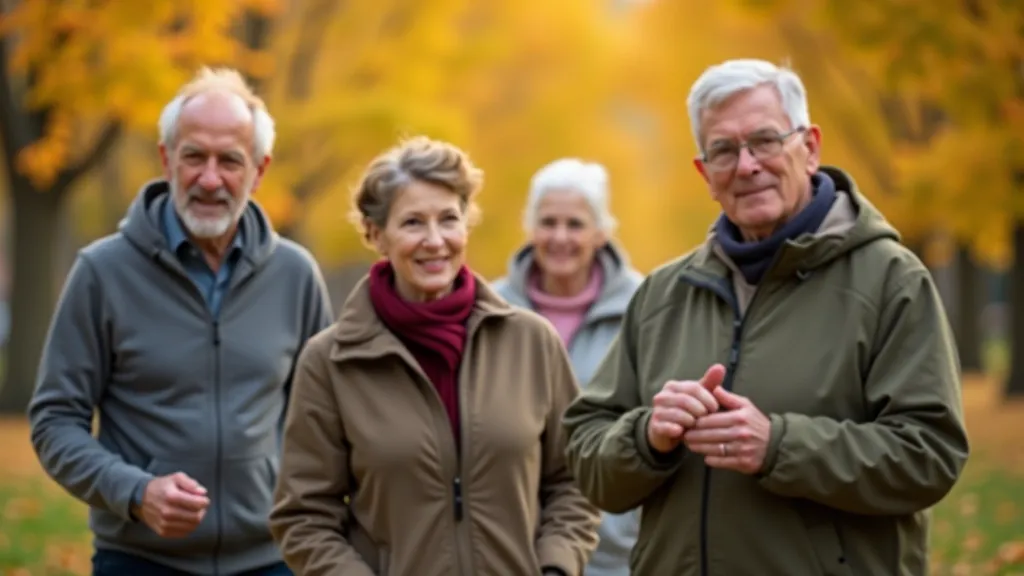 Senior group enjoying outdoor activity in park setting with autumn colors