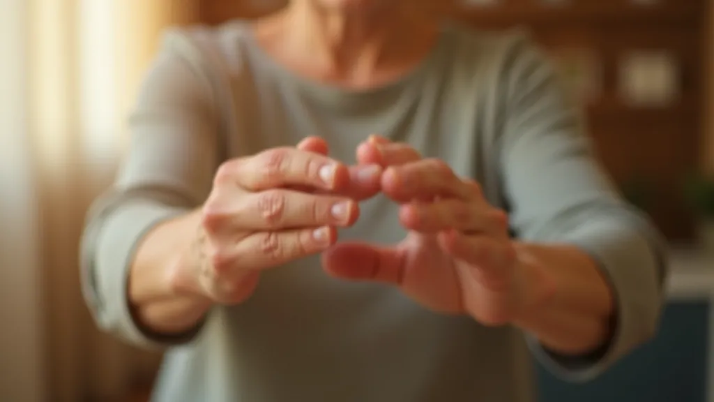 Close-up of hands performing gentle stretching exercise, mature hands, warm lighting, peaceful setting