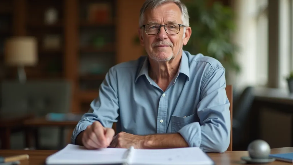 Senior man at desk with calendar and planner, organizing schedule, focused expression, warm office lighting