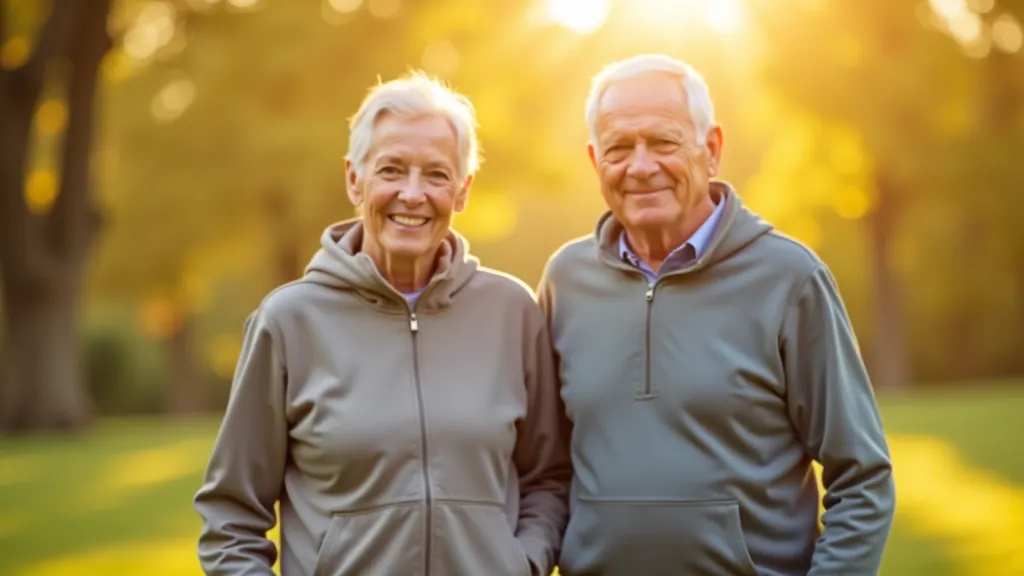 Senior man and woman walking together outdoors in park, warm morning light, both smiling