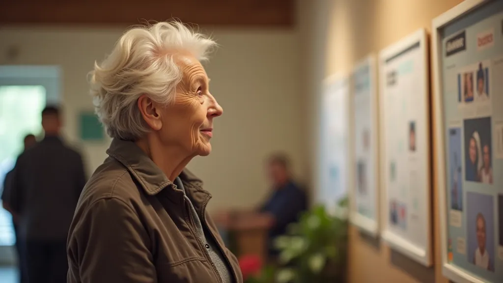 Senior woman looking at community bulletin board with activity notices and class schedules