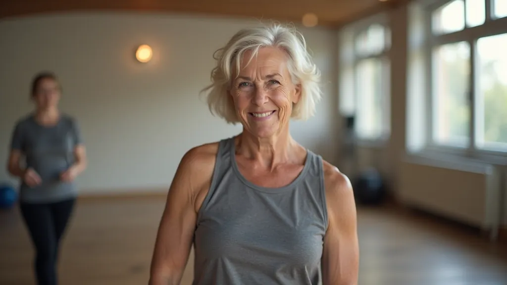 Elderly woman at a fitness or movement class with instructor demonstrating an exercise