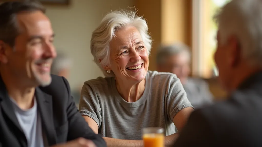 Senior woman smiling while having a conversation with other group members at a social gathering