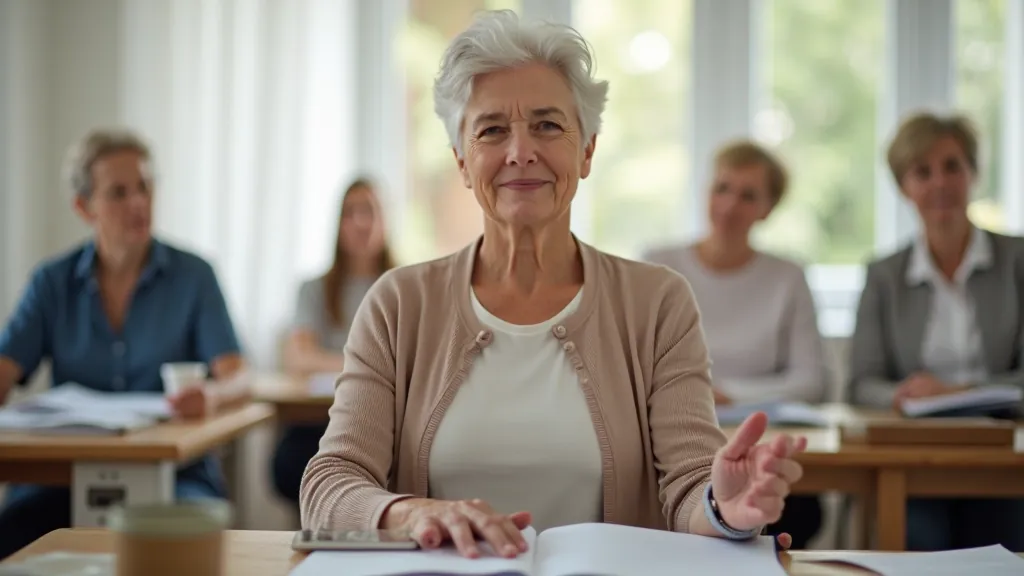 Coach demonstrating mindfulness exercise technique with small group of attentive senior participants