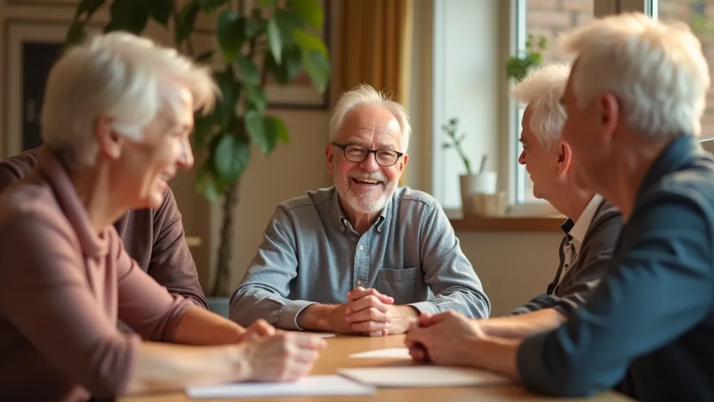 Group of diverse seniors laughing together around a table in community club setting