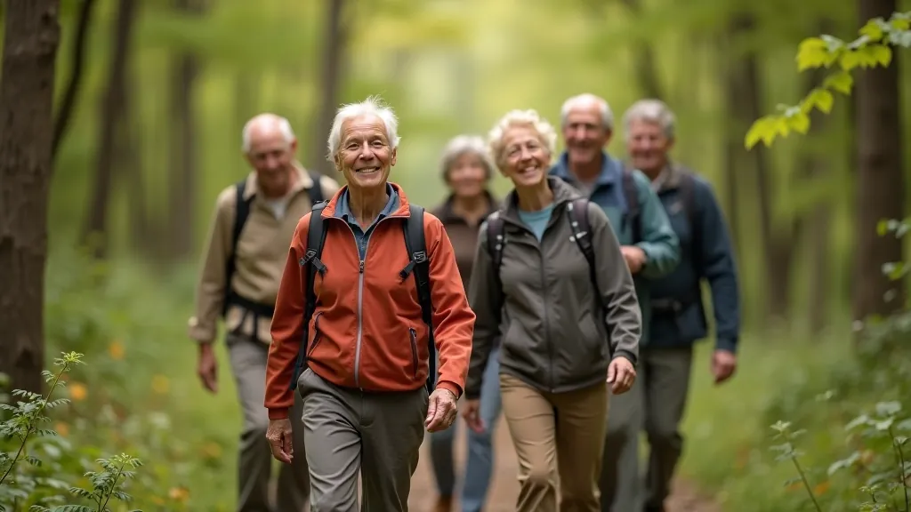 Group of seniors on an outdoor hiking trail, walking together in natural woodland setting