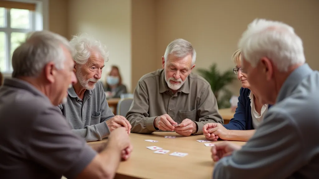 Group of seniors in community center, playing cards and socializing, warm interaction, genuine connection