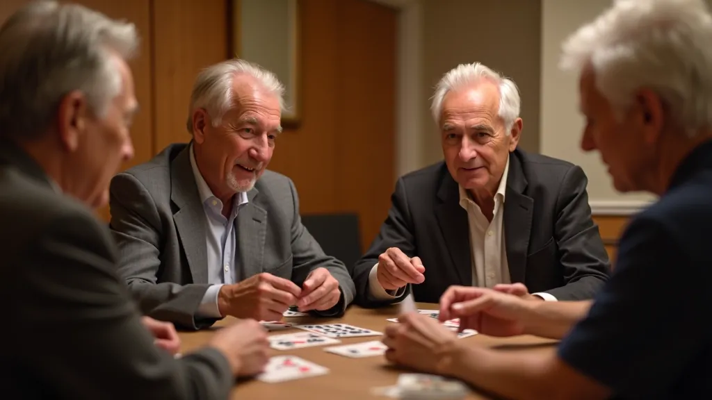 Seniors participating in a card game session at a community club, focused and engaged