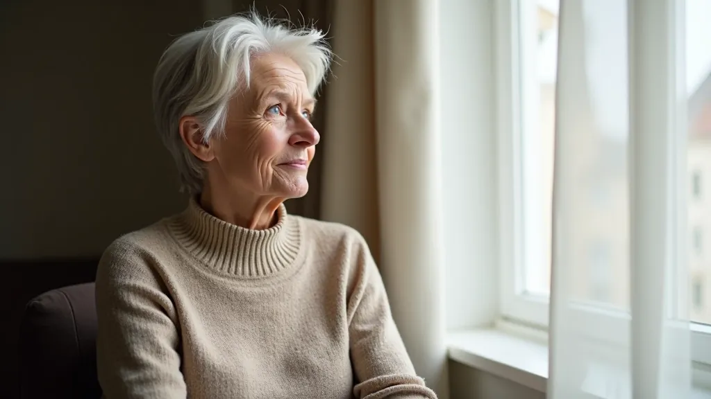 Mature woman sitting by window, reflective expression, natural daylight, contemplative pose