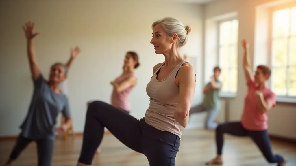 Senior woman in yoga class, stretching with instructor guidance, bright studio space, active aging